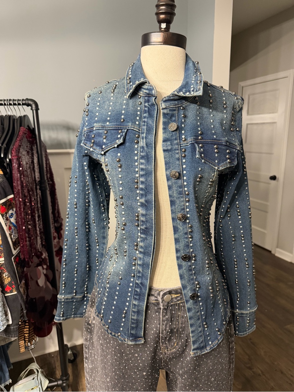 AKIRA GLAMOUR STUDDED BUTTON DOWN DENIM TOP